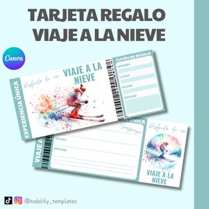 tarjeta regalo viaje nieve esquiar vale sorpresa, ticket viaje sorpresa personalizable, billete avión editable Canva regalo vacaciones cupón