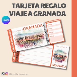 tarjeta regalo viaje Granada, ticket viaje sorpresa personalizable, billete avión editable Canva regalo vacaciones, vale escapada sorpresa