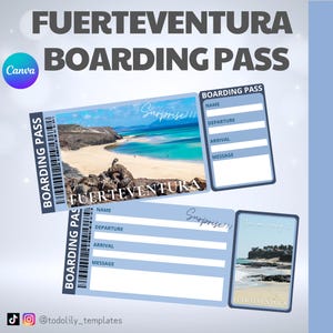 Bon de billet cadeau pour carte d'embarquement de voyage de Fuerteventura, billet d'avion surprise modifiable, modèle de carte-cadeau de vacances espagnoles aux îles Canaries