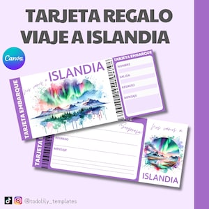 Iceland travel gift card surprise voucher, customizable surprise travel ticket, editable Canva plane ticket vacation gift coupon