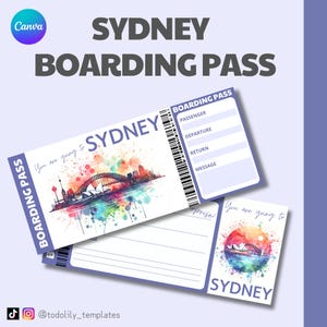 Sydney travel boarding pass ticket, editable in canva flight boarding ticket, surprise trip gift voucher for loved one husband wife present