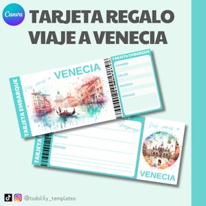 tarjeta regalo viaje Venecia, ticket viaje sorpresa personalizable, billete avión editable Canva regalo vacaciones, vale escapada sorpresa