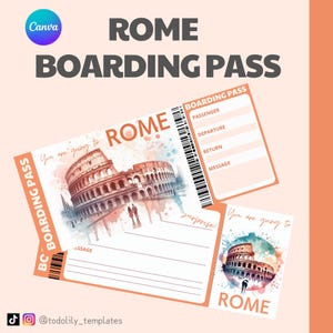 Voucher per la carta d'imbarco di Roma, biglietto aereo modificabile con regalo a sorpresa Canva, modello di biglietto per viaggio a sorpresa in Italia, anniversario