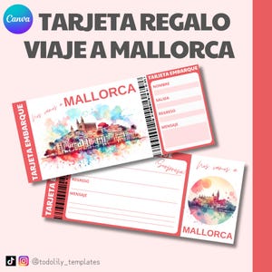 Buono regalo per viaggio a Maiorca, biglietto per viaggio a sorpresa personalizzabile, biglietto aereo modificabile, regalo vacanza Canva, voucher per fuga a sorpresa