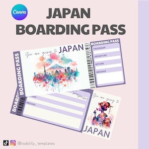 Japan travel boarding pass ticket, editable in canva flight boarding ticket, surprise trip gift voucher for loved one husband wife present