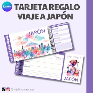 tarjeta regalo viaje Japón vale sorpresa, ticket viaje sorpresa personalizable, billete avión editable Canva regalo vacaciones cupón digital