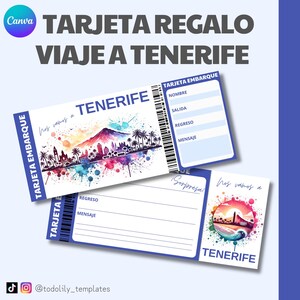 tarjeta regalo viaje Tenerife, ticket viaje sorpresa personalizable, billete avión editable Canva regalo vacaciones, vale escapada sorpresa