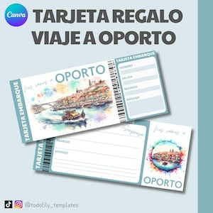 Carte cadeau voyage Porto, billet de voyage surprise personnalisable, billet d'avion modifiable Cadeau vacances Canva, bon surprise