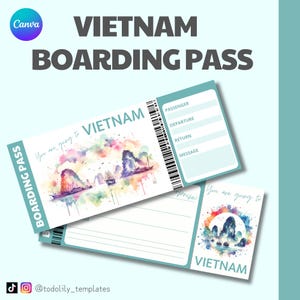 Bon de billet pour carte d'embarquement de voyage au Vietnam, billet d'avion surprise Canva modifiable, modèle de carte de voyage de vacances au Vietnam, anniversaire