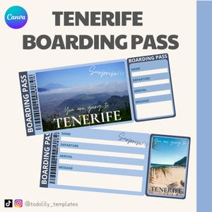 Bon de billet cadeau pour carte d'embarquement de voyage à Tenerife, billet d'avion surprise modifiable, modèle de carte-cadeau de vacances espagnoles aux îles Canaries