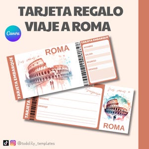 Vale-presente de viagem para Roma, bilhete de viagem surpresa personalizável, bilhete de avião editável, presente de férias no Canva, voucher de viagem surpresa