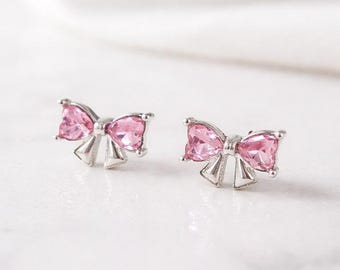 Coquette Pink Bow Stud Earrings – Dainty Silver Crystal Bow Studs