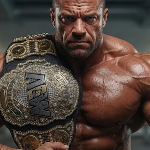 May include: A muscular man holding a championship belt with the letters "AEW" prominently displayed. The belt is gold and black, with intricate detailing. The man has a serious expression.