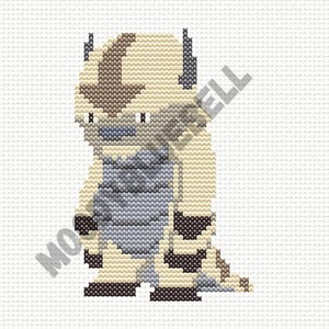 May include: A cross-stitch pattern of a cartoon character, featuring a light tan body, a gray belly, and dark brown accents. The character has large, pointed ears and a friendly expression. The background is a white grid.