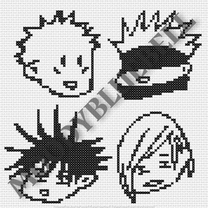 May include: A cross-stitch design showing four anime character portraits in black and white. Each portrait is a pixelated design of a face with distinct hairstyles and expressions, set against a white background.