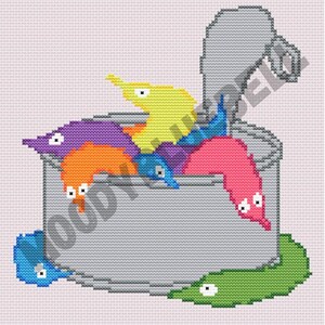 Puede incluir: Un diseño de punto de cruz que muestra una lata llena de gusanos coloridos. Los gusanos son de varios colores, incluyendo morado, naranja, amarillo, azul y rosa. La lata es gris y el fondo es rosa claro.