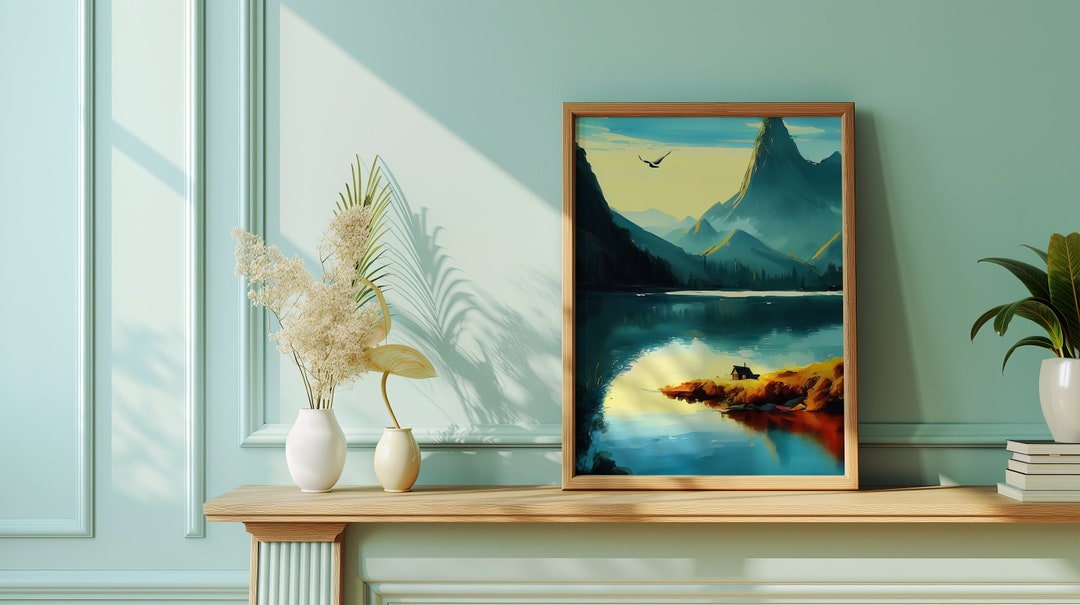 Mountain and Lake Print Pine Tree Wall Art Watercolor Painting Large ...