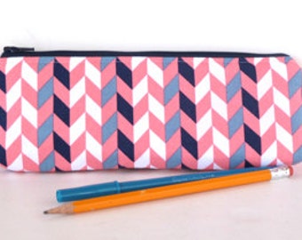 Makeup Bag - Brush Bag - Pencil Pouch - Small Zippered Pouch - Padded Pouch - Slim - Eco Friendly - Coral - Chevron