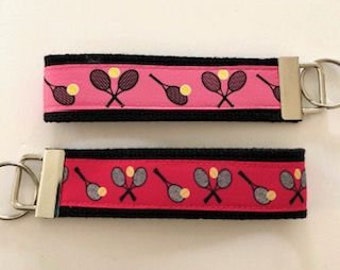 Wristlet Key Fob - Tennis - Tennis gifts - team gifts - Black Webbing - Pink - Red