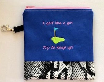 Golf Zipper Pouch - Ladies - Golf Accessory Bag - Embroidered Golf Pouch - Golf Gift - Clip On - Golf Gifts for Women