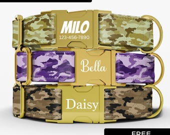 Camo Dog Collar, Personalized Dog Collar With Name, Cute Custom Girl or Boy Camouflage Dog Collar and Leash, Adjustable Sizes Small - XLarge