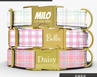 Spring Plaid Dog Collar, Personalized Dog Collar With Name, Cute Custom Pastel Girl Dog Collar, Adjustable, Heavy Duty, Sizes Small - XLarge