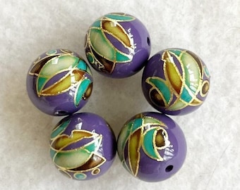 NEW 10mm SIZE CHOICE  Japanese Tensha Beads Deco Design on Purple with Gold Accents