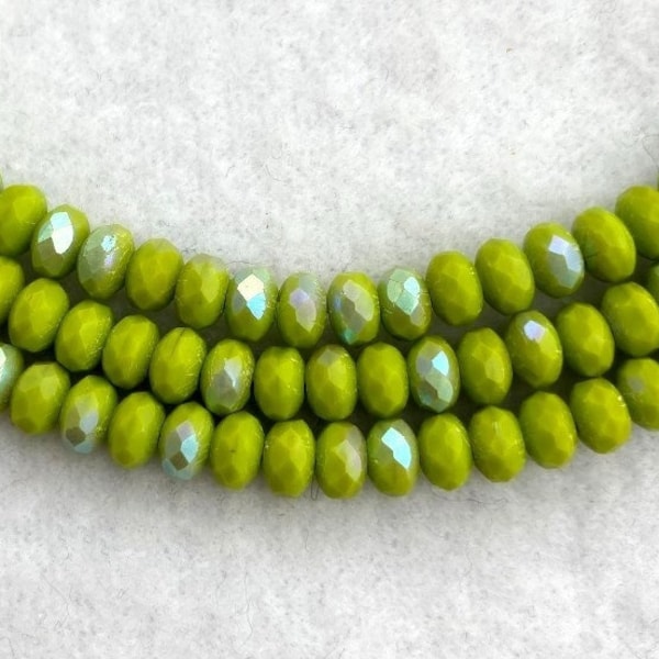 New 36 Pretty Matte PEA GREEN AB Fire Polish Czech Glass Beads 4x6mm