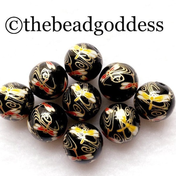 WHOLESALE 9 JAPANESE TENSHA Beads Golden Dragonflies on Black 12mm