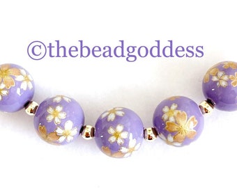 NEW 5 Lovely Japanese TENSHA BEADS Gold & White Sakura Cherry Blossoms on Lilac Purple 12mm