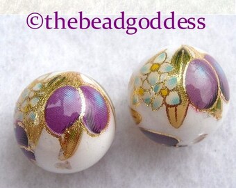 NEW Pair Japanese TENSHA Beads 12mm round, Purple Plums and Gold on White.