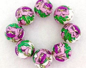 CHOICE JAPANESE TENSHA Beads Beautiful Purple Pansies on White-12mm