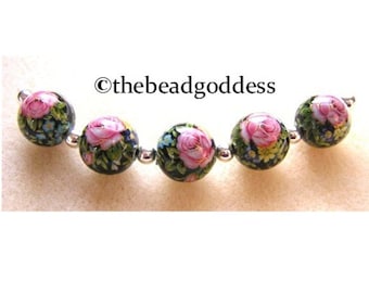 NEW 12mm Handmade Japanese TENSHA  Beads Pink Rose Black 5 pieces