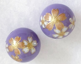PAIR 12mm Japanese Tensha Beads Golden SAKURA on Lilac Purple with Gold Accents