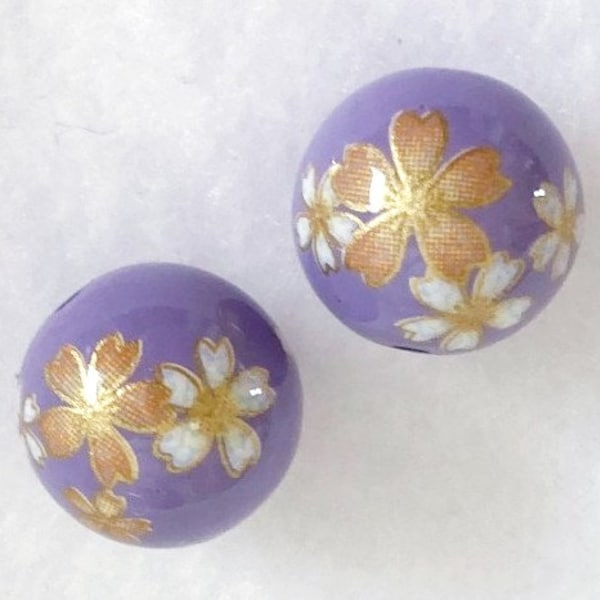 PAIR 12mm Japanese Tensha Beads Golden SAKURA on Lilac Purple with Gold Accents