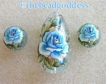 Japanese Tensha Beads SINGLE BLUE ROSES on Clear Drop Set-12mm rounds