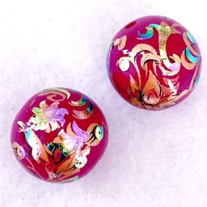 Pair UNIQUE Iridescent Peacock on Rose Red Japanese Tensha Beads 12mm