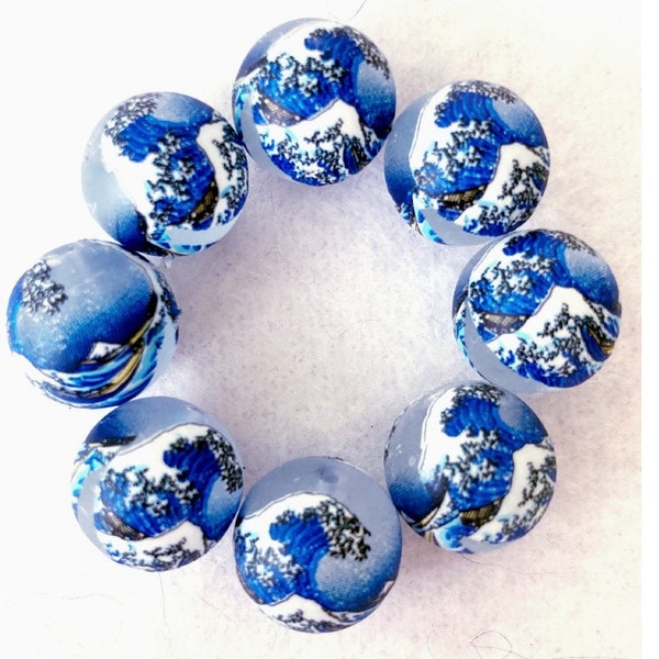 CHOICE 12mm JAPANESE TENSHA Beads The Great Wave on Frost