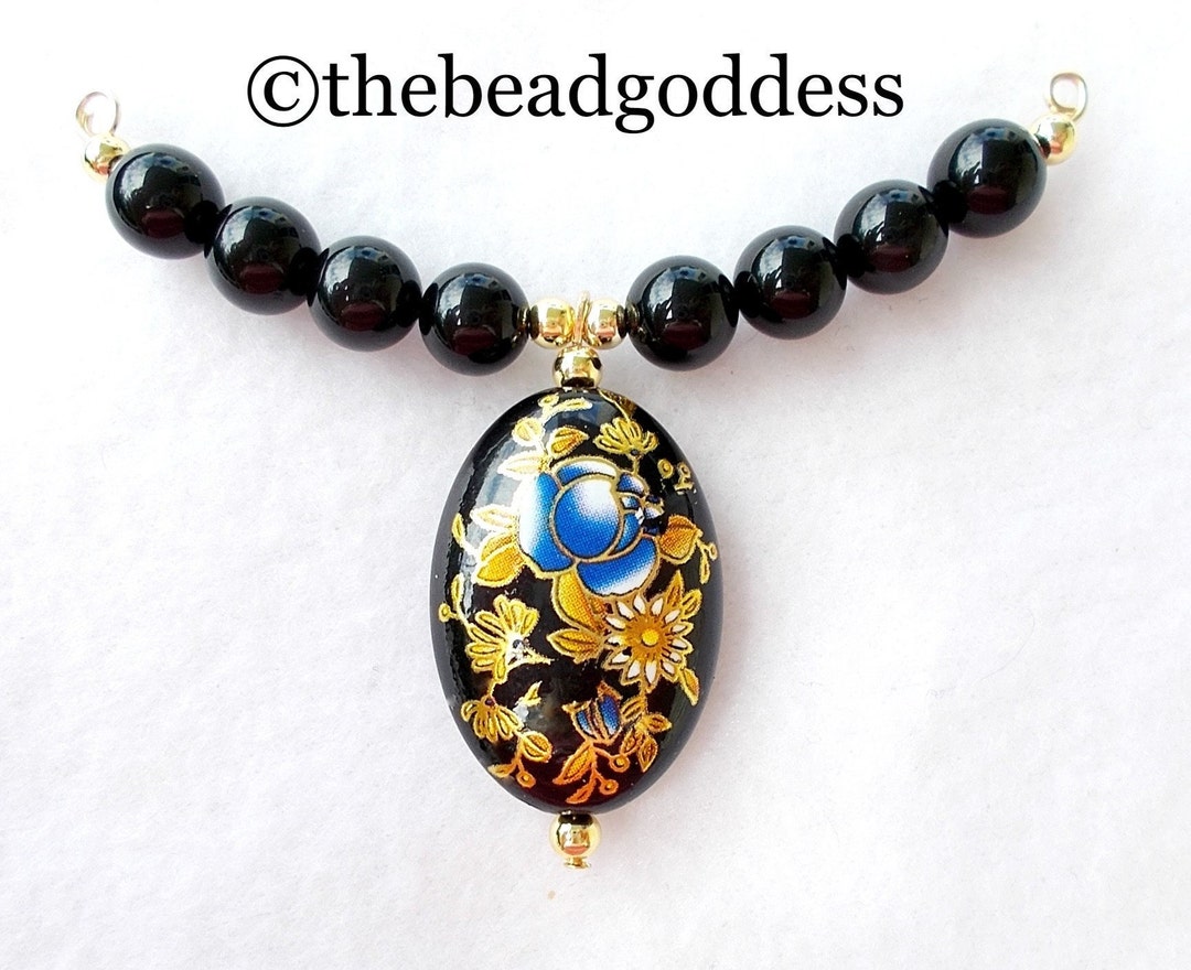 New Exciting Tensha Bead Design BLUE Rose and GOLD LEAVES on Black 3 Etsy