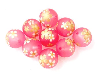 WHOLESALE 9 Japanese TENSHA BEADS Lovely Gold & White Sakura Cherry Blossoms on Pink Frost 12mm