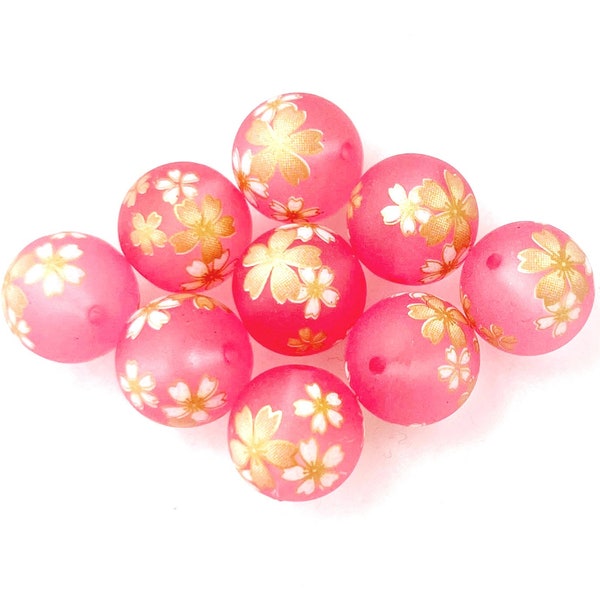 WHOLESALE 9 Japanese TENSHA BEADS Lovely Gold & White Sakura Cherry Blossoms on Pink Frost 12mm