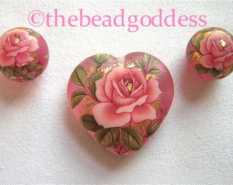 NEW Beautiful Japanese Tensha Beads Pink Rose on Pink Frost Heart SET