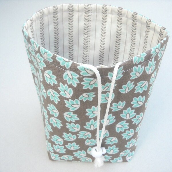 Reversible Drawstring Knitting bag or small project bag Kip bag Riley Blake Brown and Blue