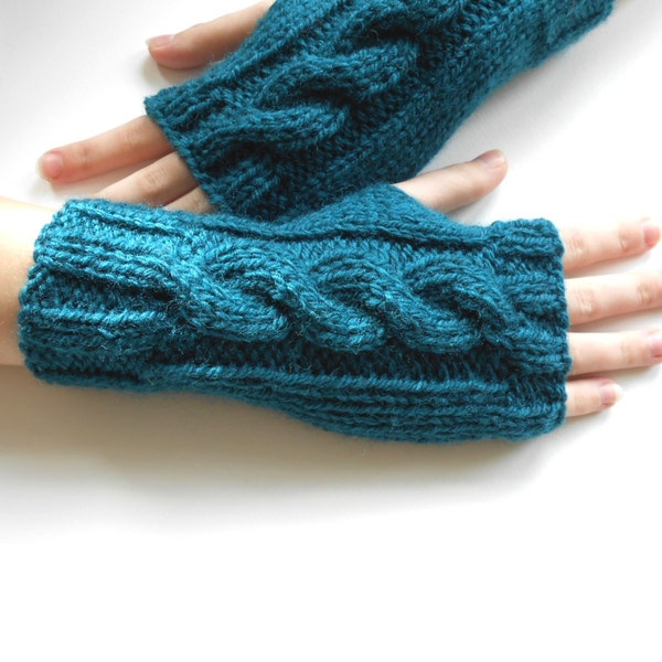 Teal Wrist Warmers Cable Knit fingerless gloves fingerless mittens