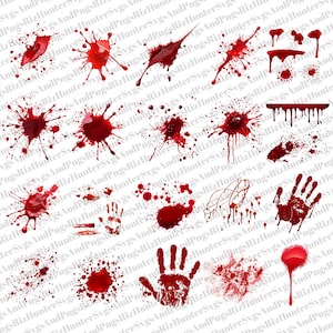 Puede incluir: Una colección de gráficos de salpicaduras de sangre roja y huellas de manos sobre un fondo blanco. Los gráficos incluyen varias formas y tamaños de salpicaduras, goteos y huellas de manos, adecuados para diseños de Halloween o terror.