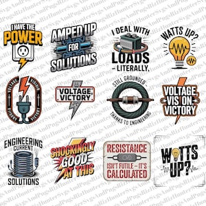 May include: A selection of electrical-themed SVG designs with phrases such as "I Have the Power," "Amped Up for Solutions," and "Watts Up?" featuring lightning bolts, plugs, and circuit elements. The designs are in various colours.