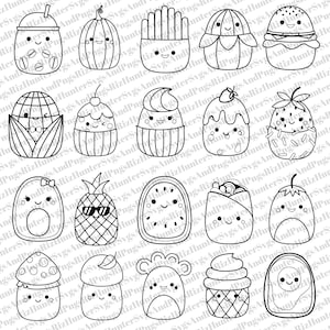 Könnte beinhalten: Ein Set mit 20 Schwarzweiß-Zeichnungen von niedlichen Lebensmittel-Charakteren. Die Charaktere umfassen einen Boba-Tee, einen Kürbis, Pommes Frites, einen Kaktus, einen Hamburger, einen Maiskolben, einen Cupcake, einen Erdbeerkuchen, eine Ananas, eine Wassermelone, eine Avocado, einen Burrito, einen Pilz und einen Eiswaffel.
