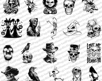 Gothic Schädel PNG SVG Bundle: Sensenmann, Krähe, Skelett - Halloween Clipart (PNG Pack)