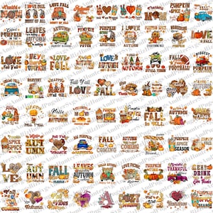 May include: A collection of 48 colorful autumn-themed digital designs featuring various fall-related phrases, images, and icons. The designs include pumpkins, leaves, trucks, coffee cups, and more.