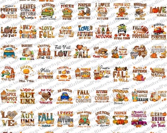 May include: A collection of 48 colorful autumn-themed digital designs featuring various fall-related phrases, images, and icons. The designs include pumpkins, leaves, trucks, coffee cups, and more.